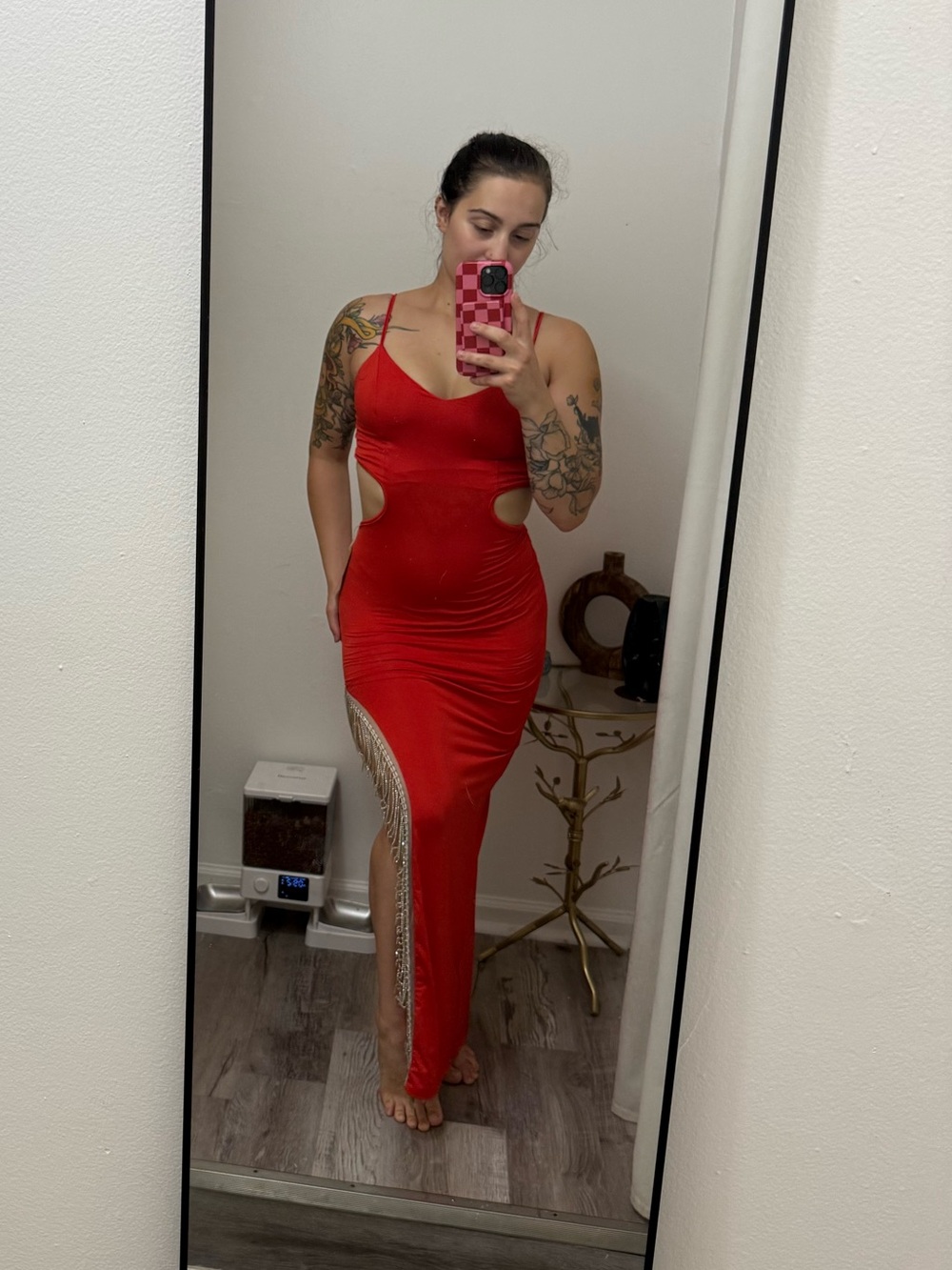 Red Strappy Cutout Evening Dress with Fringe